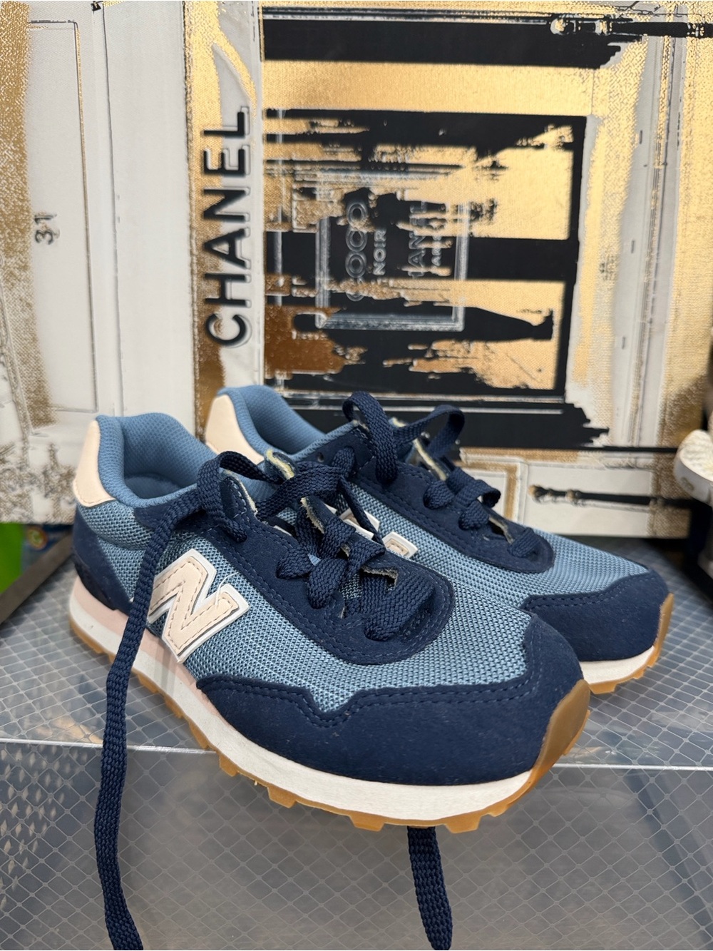 New Balance Kids Navy & Light Blue Classic Trainer with Pink-Beige Accents
